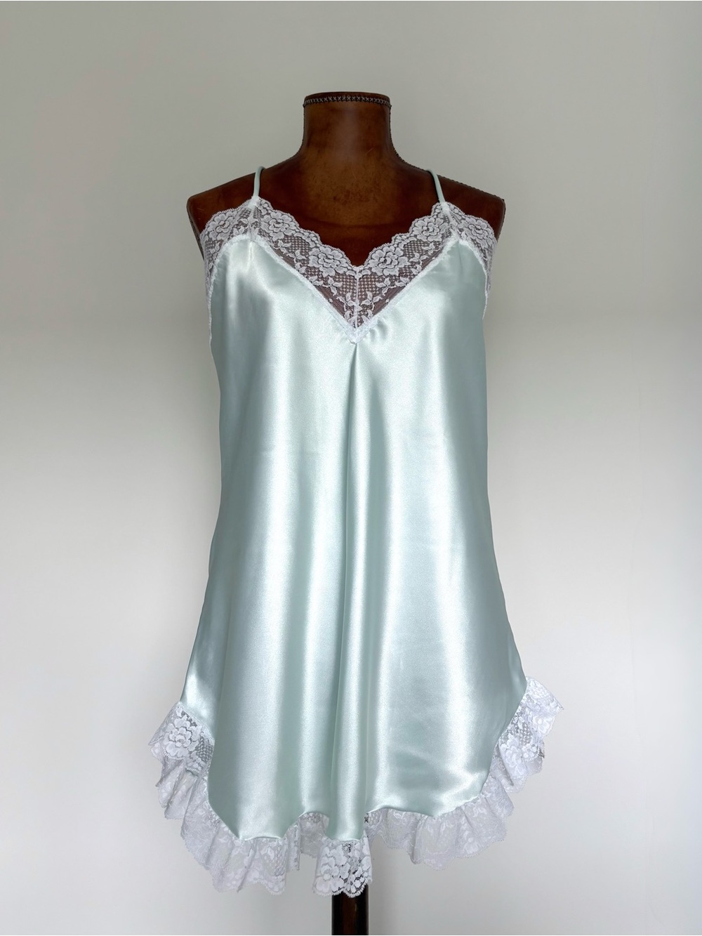 Vintage 1970s Silky Lace-Trim Slip Dress in Mint Seafoam